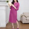 ZANZEA Women Casual Round Neck Loose Summer 3/4 Sleeve Cotton Dress