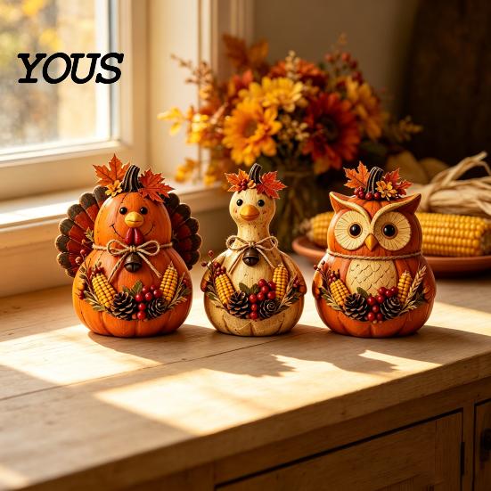Fall Harvest Festival Home Decor 3PCS Rustic Autumn Wooden Ornaments, Animal Designs Retro Table Distressed Farmhouse Crafts, Decorative Handmade