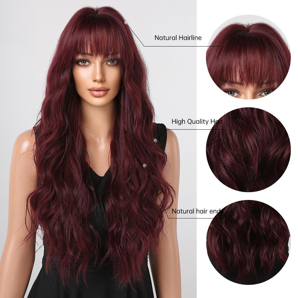 GEMMA Synthetic Dark Wine Red Long Wavy Hair Wig with Bangs Burgundy Cosplay Party Wigs for Women Natural Heat Resistant Fibre