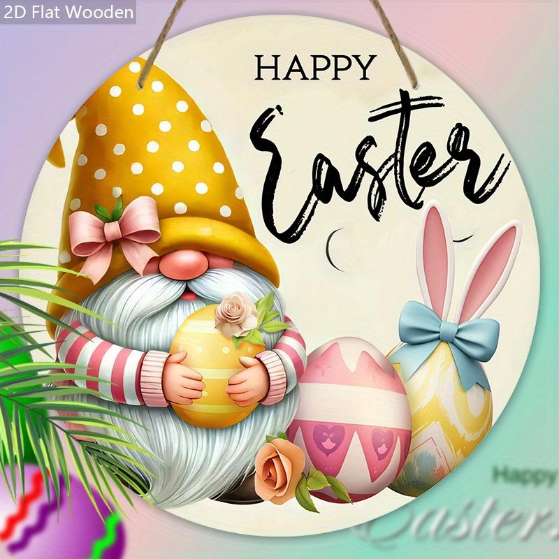 Happy Easter Wooden Sign with Adorable Gnome Pattern - Charming Decorative Hanging Plaque with Easter Bunny, Eggs Pattern - Ideal Easter Decorations