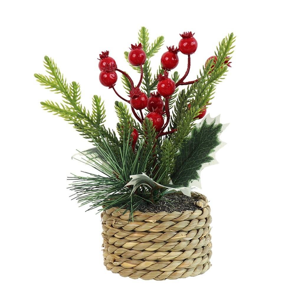 Faux Artificial Christmas Plant Woven Basket Mini Potted Plant Christmas Decor