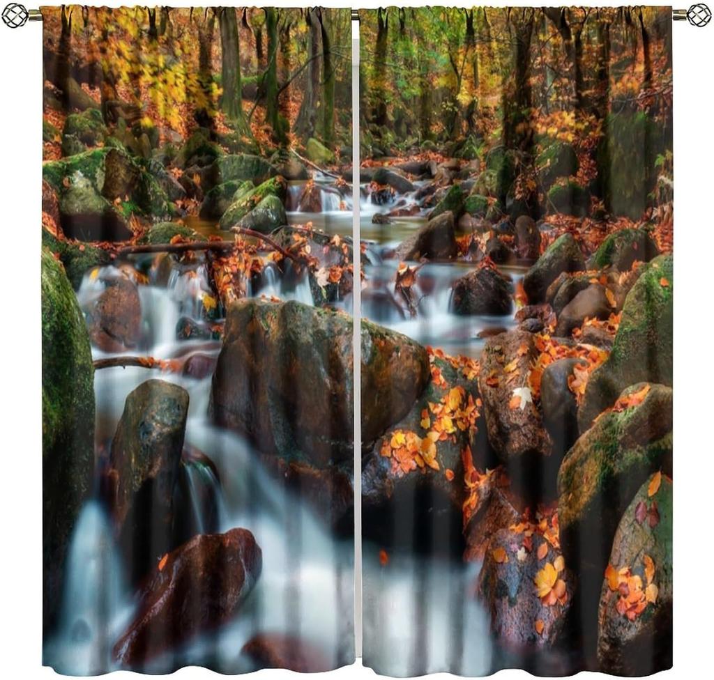 Blackout Red Forest Waterfall Windows Curtains Tree Landscape Woodland Scenic Nature Fall Scenery Art Printed Curtain Made Of Polyester Washable