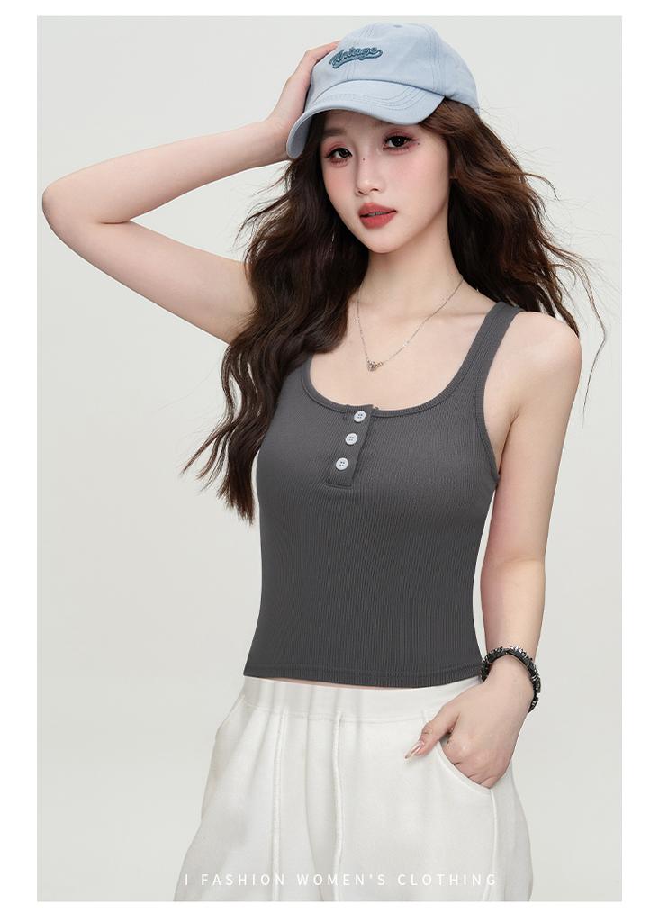 Summer Solid Color Vest, Camisole, Button, Slim Fit, Sexy Interior, Breathable Casual Pullover Top