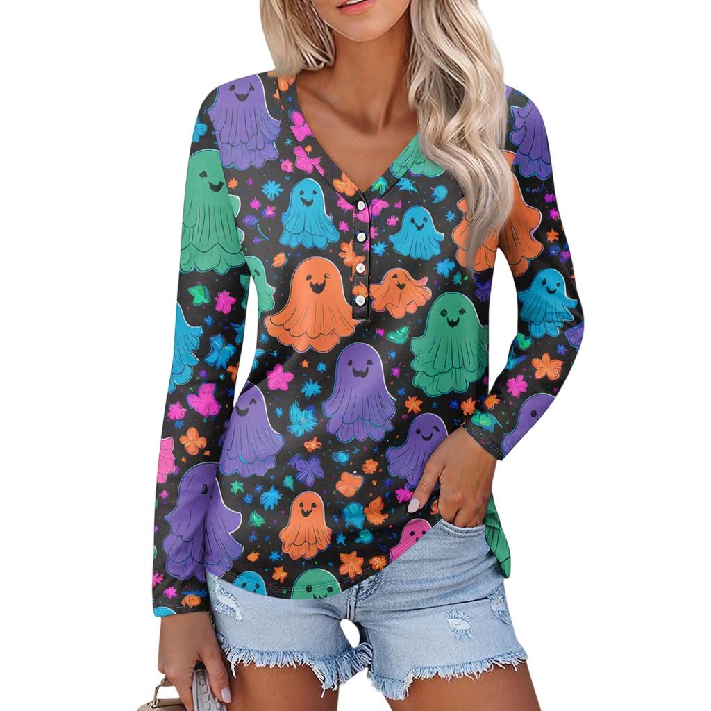 Women's Casual Fashion Sexy Comfort Halloween Printed V-Neck Button Long Sleeve