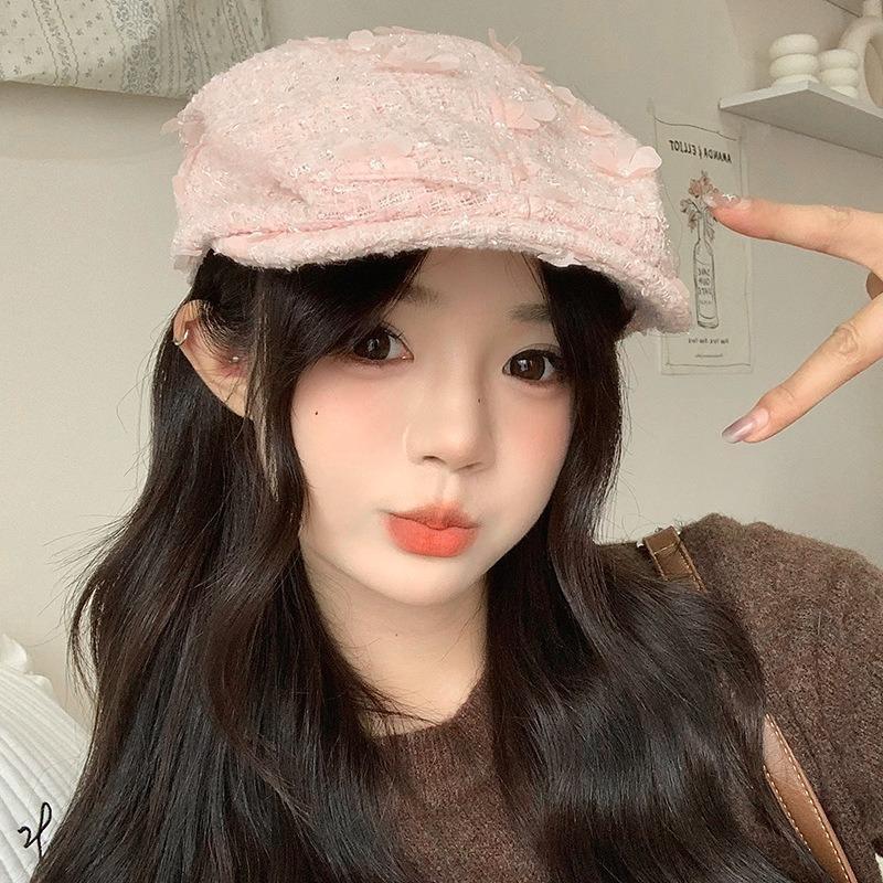 Sweet and cute flower forward hat versatile face little beret autumn hat women's casual newsboy hat