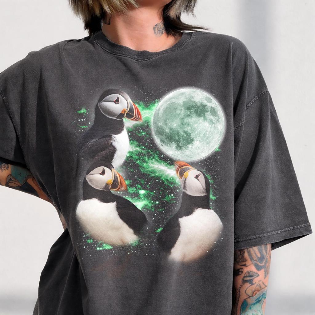 Three Puffin Howling Moon Graphic T-Shirt, Retro Atlantic Parrot Tee