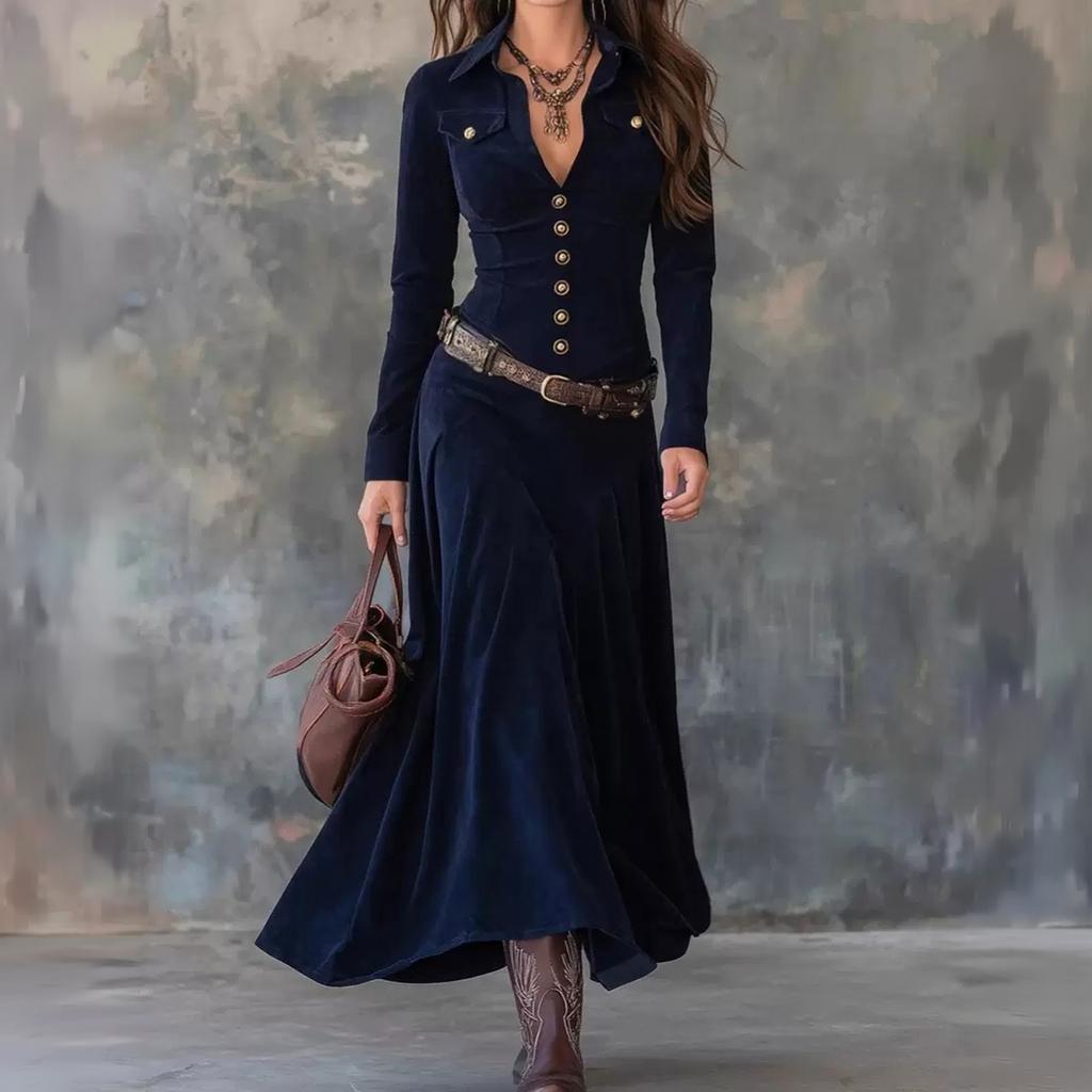 Women's Vintage Velvet Long Dress with Notched Lapel and Single-Breasted Waist-Cinching Design