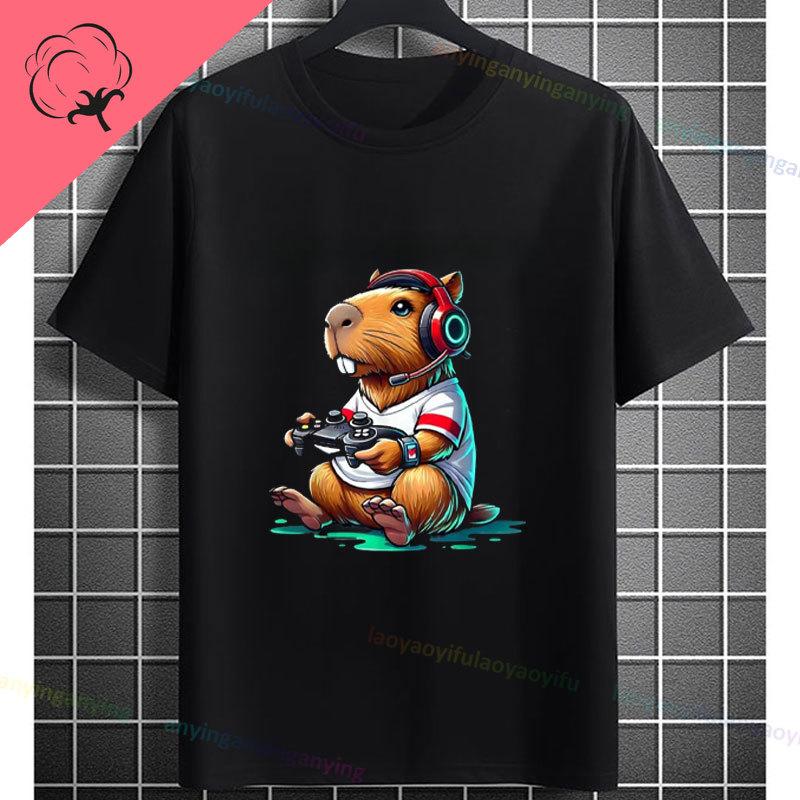 Funny Gamer Capybara Graphic Tshirt Cool Black Casual Tee With Fashion Glasses  Video Game Controller Design For All Seasons