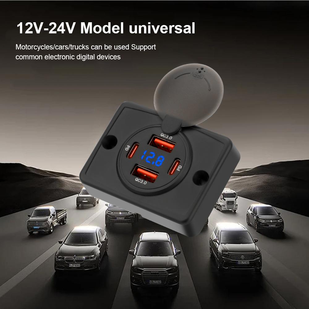 New 4 Ports Dual QC3.0 Dual PD Car Charger Socket with Sliding Cap 12V/24V 96W Fast Charger Power Outlet for Car Boat Bus, RV