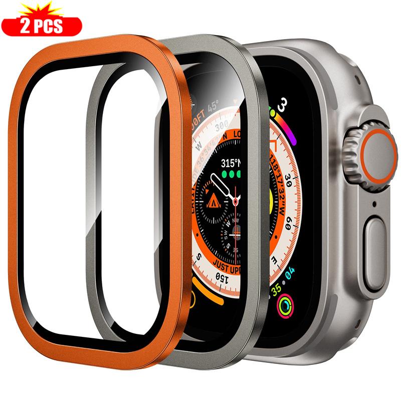 2 Stück gehärtetes Glas für Apple Watch Ultra 49mm Titan Metallrahmen Kratzschutzfolie Serie Ultra 2 Displayschutz Zubehör