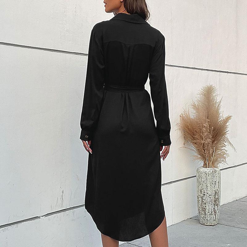 Autumn and winter elegant commuter style shirt collar black dress long dress