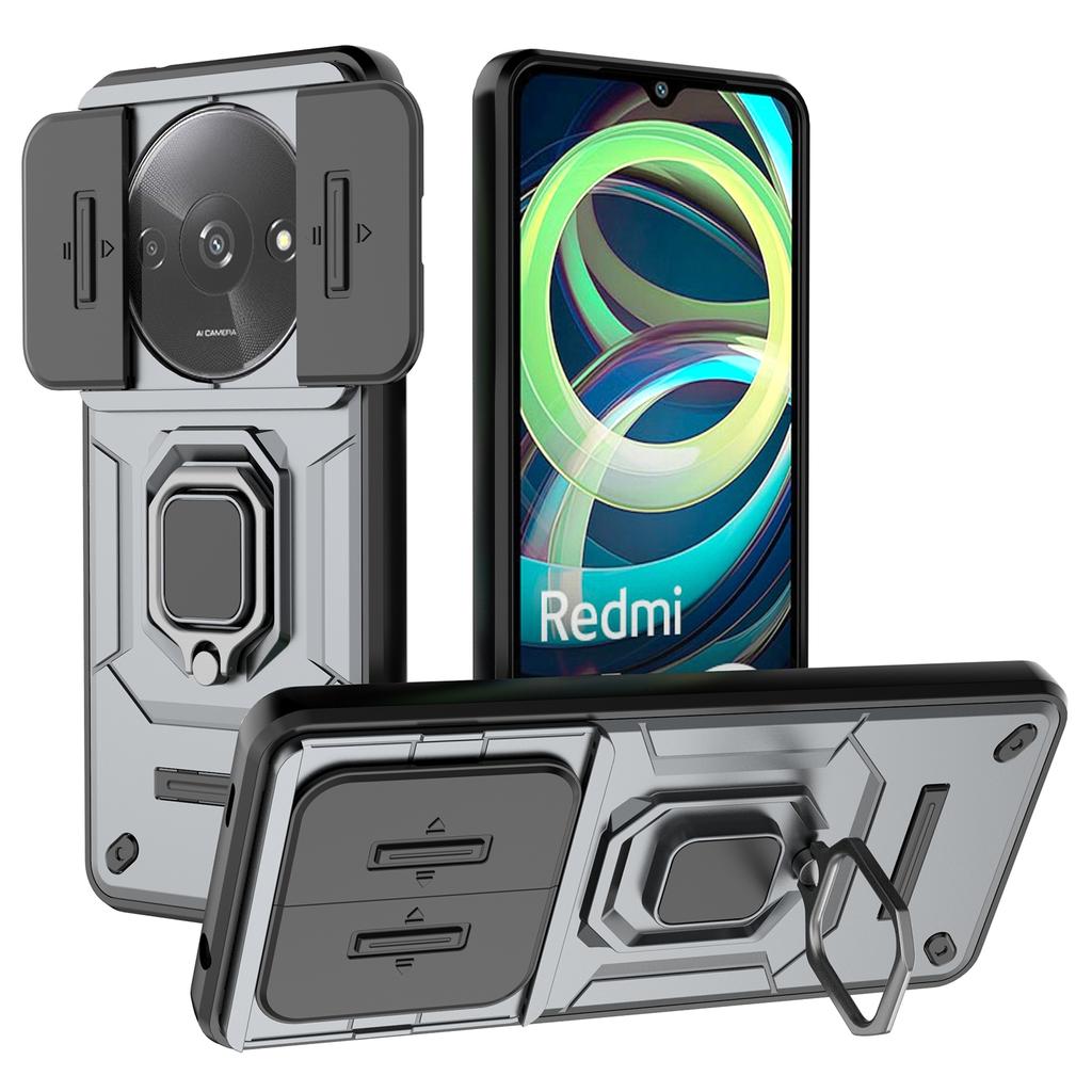 For Xiaomi Redmi A3 4G/Poco C61 4G Case with Slide Camera Cover Ring Kickstand PC+TPU Phone Shell Protector
