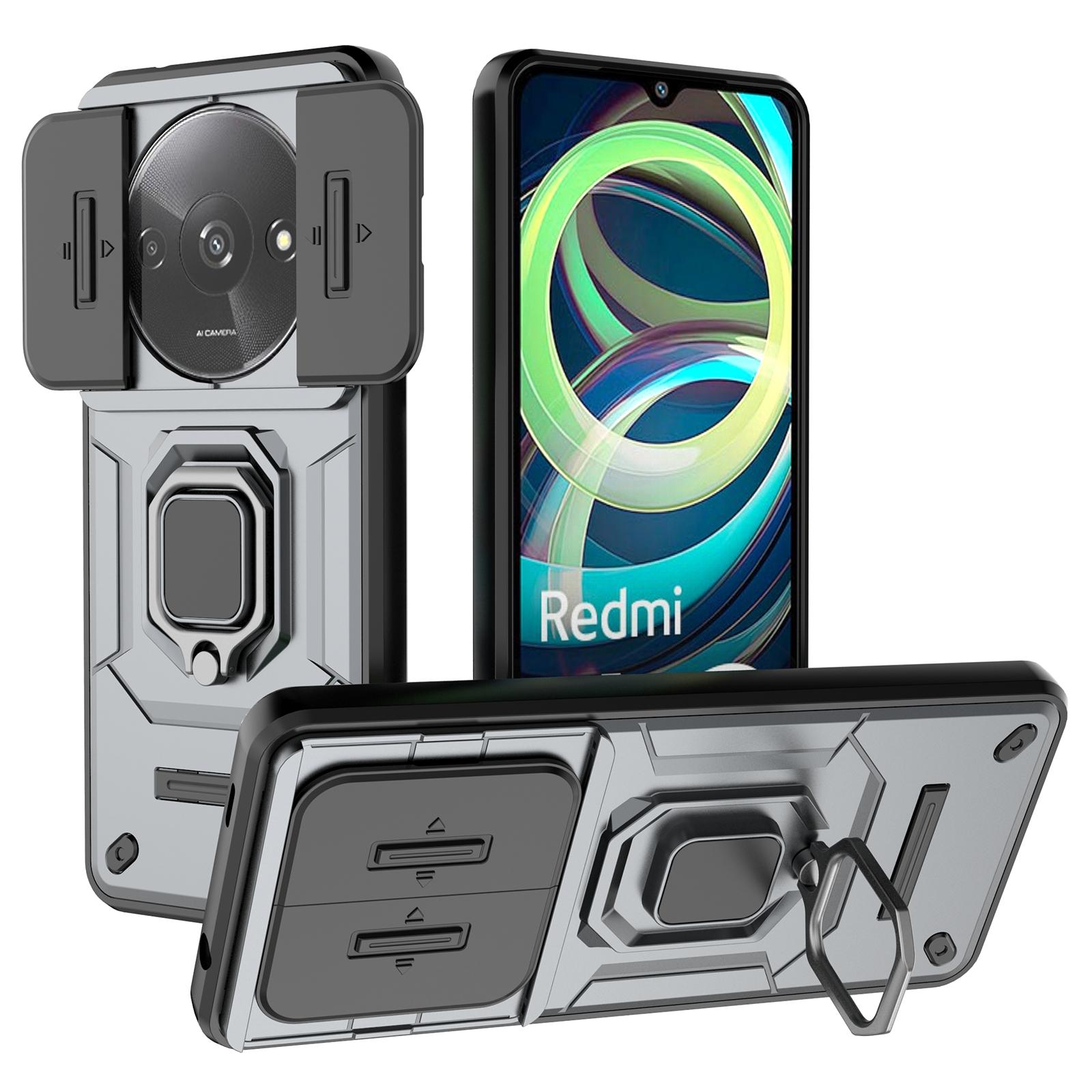 

For Xiaomi Redmi A3 4G/Poco C61 4G Case with Slide Camera Cover Ring Kickstand PC+TPU Phone Shell Protector Grey