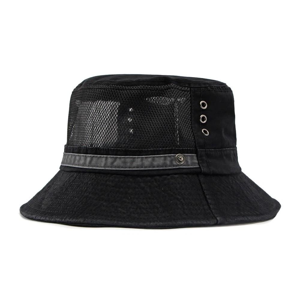 Classic Washed Cotton Bucket Hat Snap Button With Windproof Rope Sun Cap Solid Color Fisherman Hat Men And Women чёрный