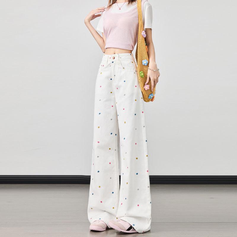 2026 Spring/Summer Women's Plus Size High-Waisted Wide-Leg Jeans with Floral Embroidery - White, Slimming, Versatile