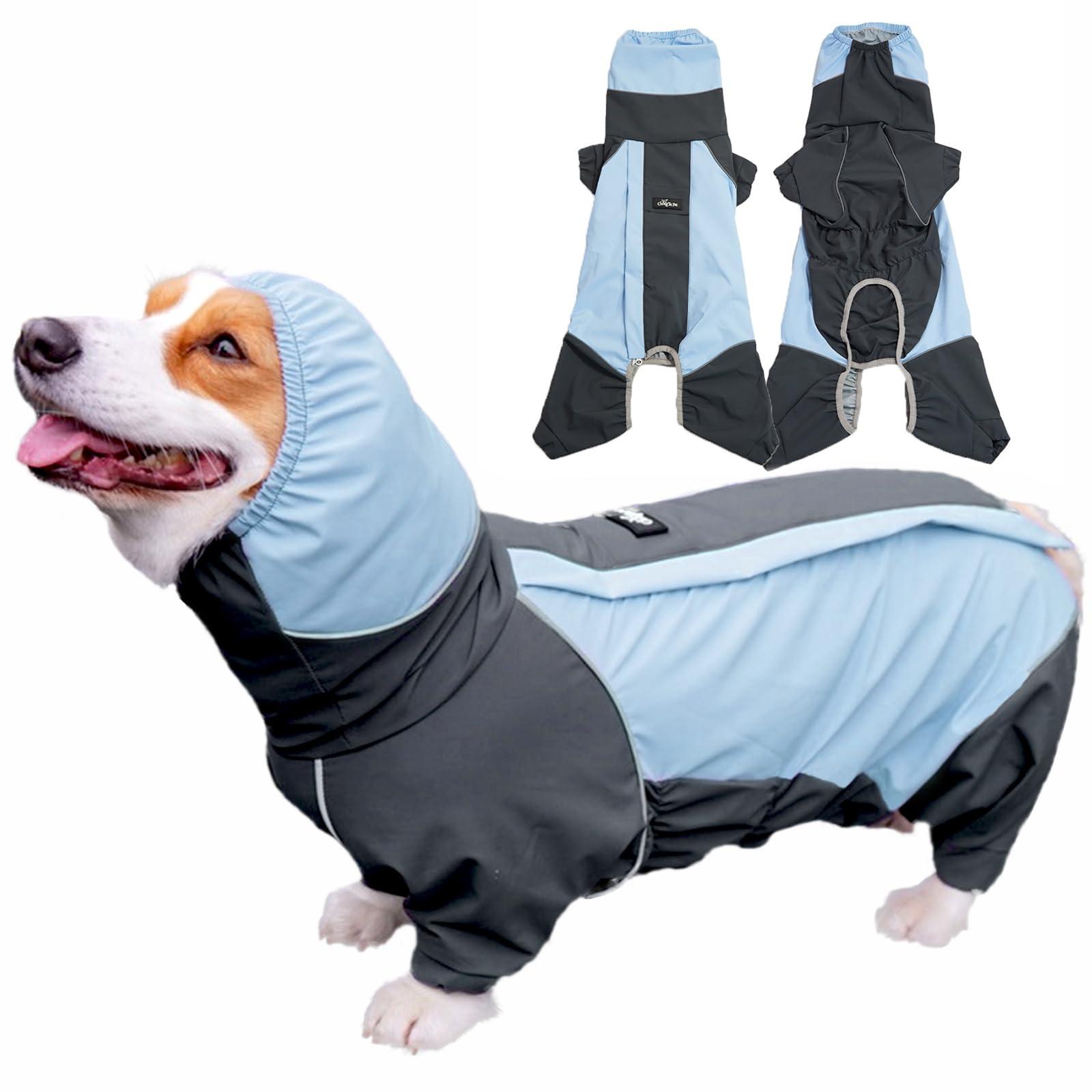 

Dog Raincoat Rain Jacket For Small Medium Dogs Corgi, Windproof 4-Legs Doggy With Hood,Lightweight Pet Hoodie With Leash Hole, Rain Coat Rain L