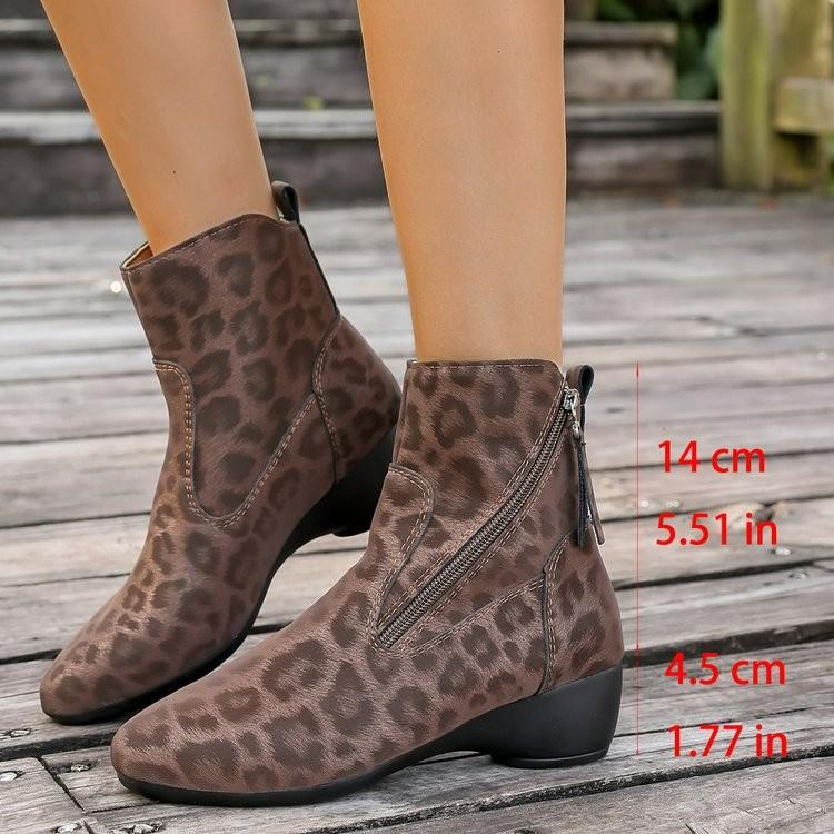 Autumn and Winter Leopard Print Thick Heel Medium Heel Comfortable Large Size Fashion Boots Women's Side Zipper Women's Boots