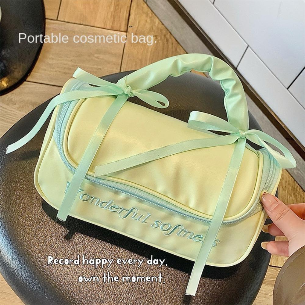 PU Leather Women's Makeup Bag Ballet Style Bowknot Cosmetic Bag Large Capacity Toiletry Ba  Girls
