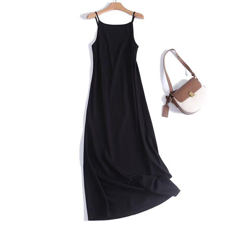 

MD Women s New Elegant Elegance Minimalist Linen Mid-Length Sling Dress Black Dress 06631586800 Black L