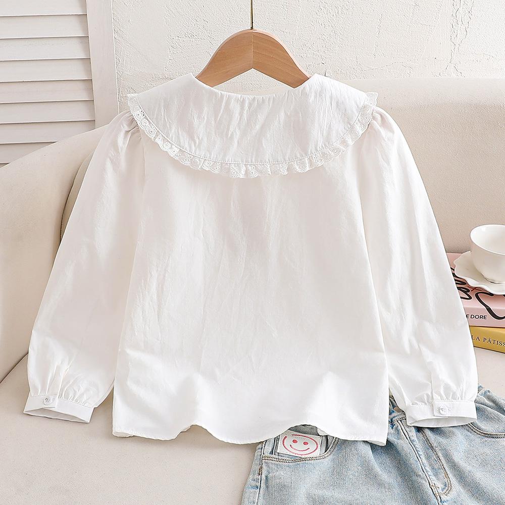 Girls Pure Cotton White Long Sleeve Shirt Lace Floral Embroidery Peter Pan Collar Kids Back To School Outfit