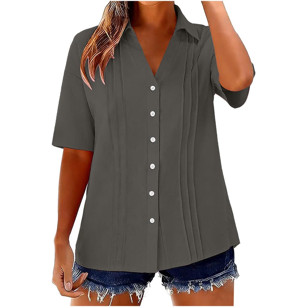 Women's Fashion -Color Cotton-Linen Collared Shirt: Short-Sleeve Button-Down Pleated Top