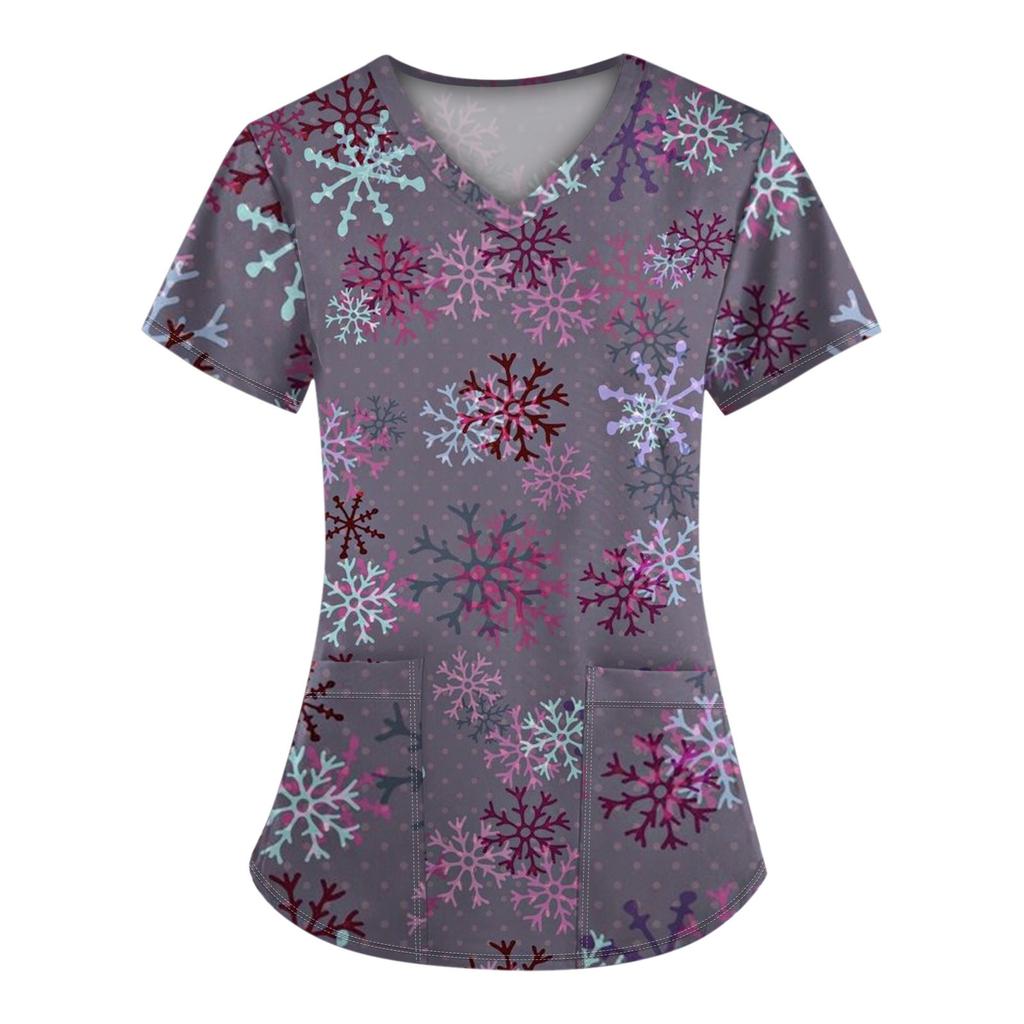 Women's Fashion V-Neck Short Sleeve With Pocket Christmas Print T-Shirt Top