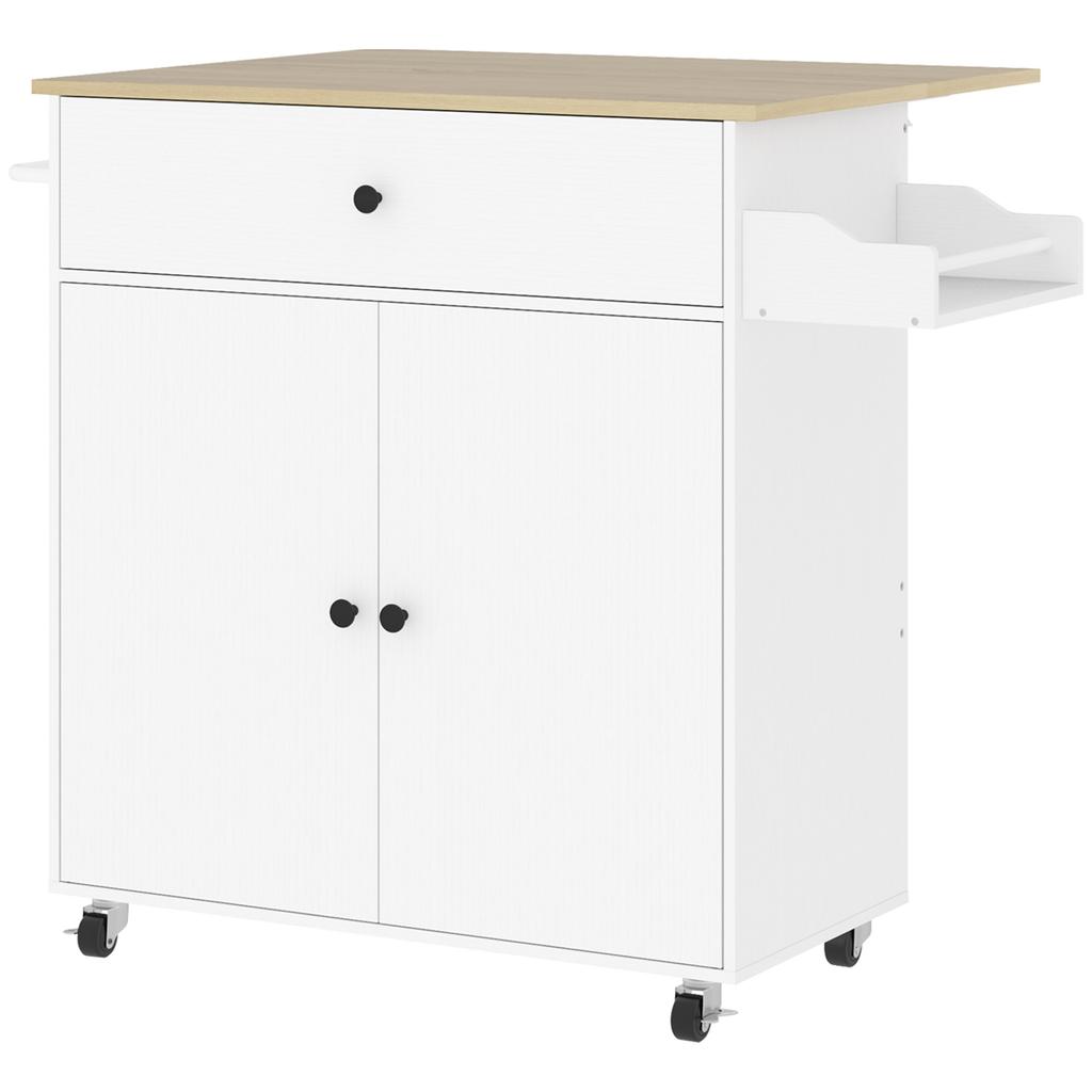 Rolling Kitchen Island with Drop Leaf, Kitchen Storage Cart with Drawer, Spice Rack and Towel Rack, White