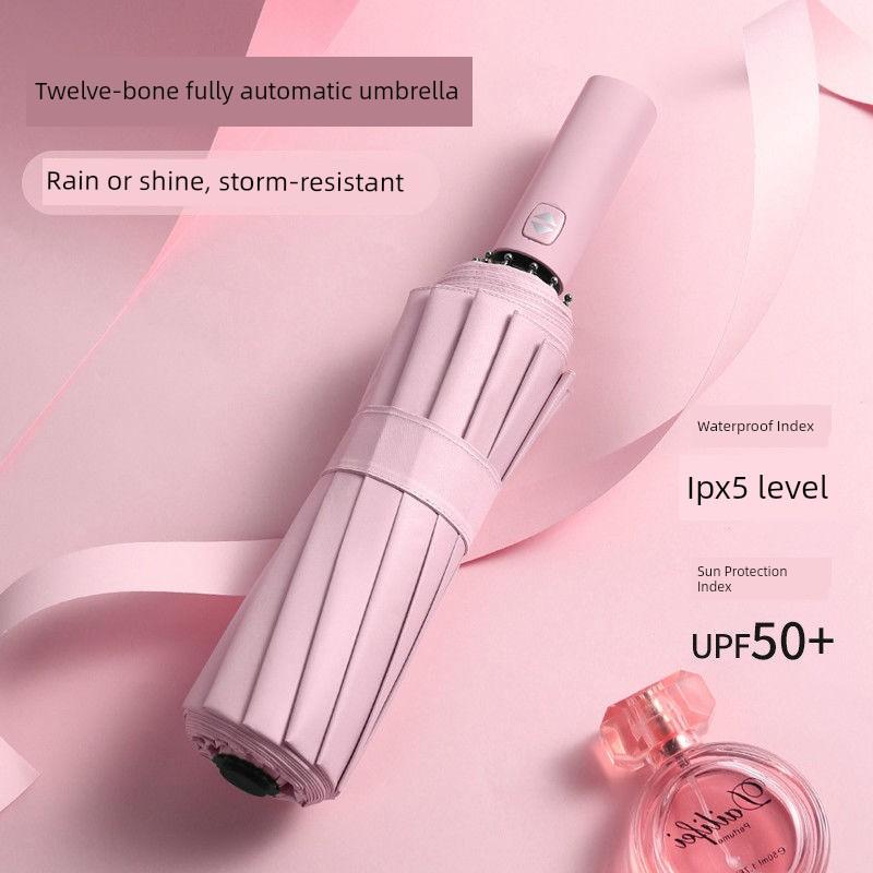 12-Rib Black Rubber Fully Automatic Folding Umbrella for Sun and Rain, Bulk Quantity, 70% off Sunshade Umbrellas with Logo Printing, Gift and