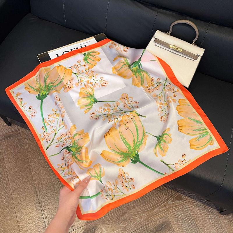 Fashion Black and White Printing Temperament Square Scarf Imitation Silk Korean Version Decorative Scarf Scarf Professional Decorative Shawl Silk Scar
