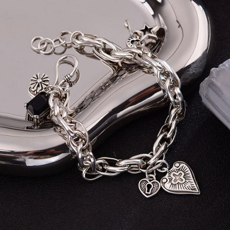Womens Vintage Punk Style Cross Pendant Bracelet With Black Rhinestone Star Key Charm Copper Electroplated Jewelry