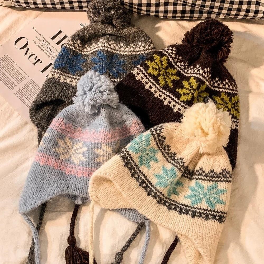 Wool Jacquard Woolen Hat Korean Style Beanies Cap Retro Knitted Pullover Hat Apparel Accessories