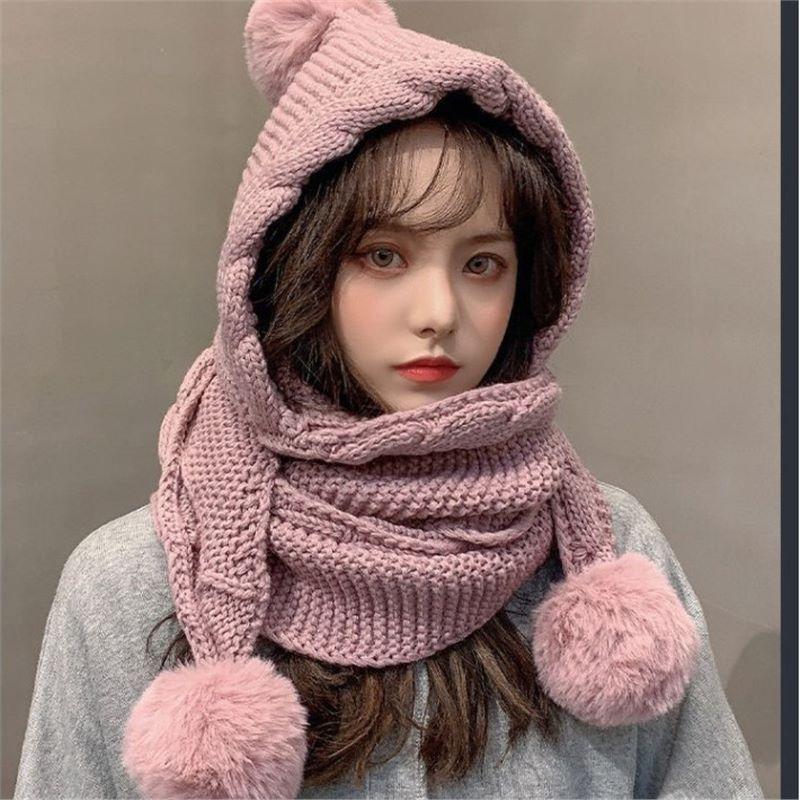 Wool hat women's autumn and winter versatile scarf integrated hat cute hairball ear protector thickened warm knitted hat