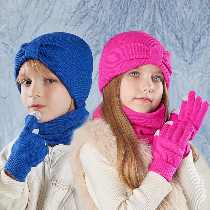 3-teiliges Winter-Mützen-Set für Kinder, Beanie, Schal, Handschuhe, warme Ohren, Strickmütze für Mädchen und Jungen, Kappe, Nackenwärmer, Outdoor, 3–8 Jahre