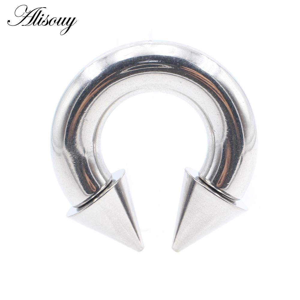Alisouy 1 Stück Nasenring mit Hufeisen-Spikes, Edelstahlkegel, großes Piercing, Septum-Ohr-Expander-Stecker mit Innengewinde, Schwarz