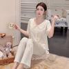 1011 New Pajamas Women's Summer Ice Silk Short-sleeved Trousers Set Unique and Beautiful Korean Girl Loungewear