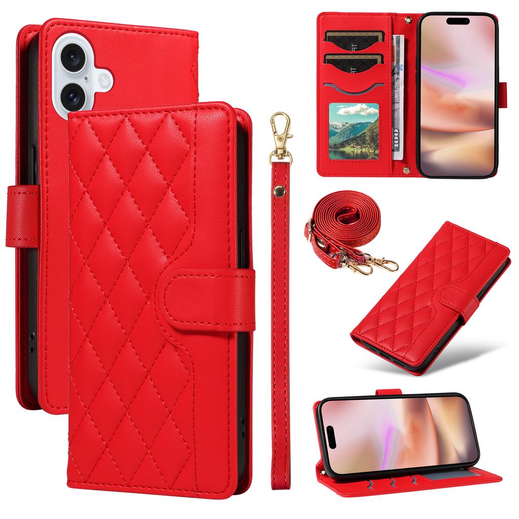 For iPhone 16 Plus Case Wallet Rhombus Leather Handbag Phone Cover with Shoulder Lanyard
