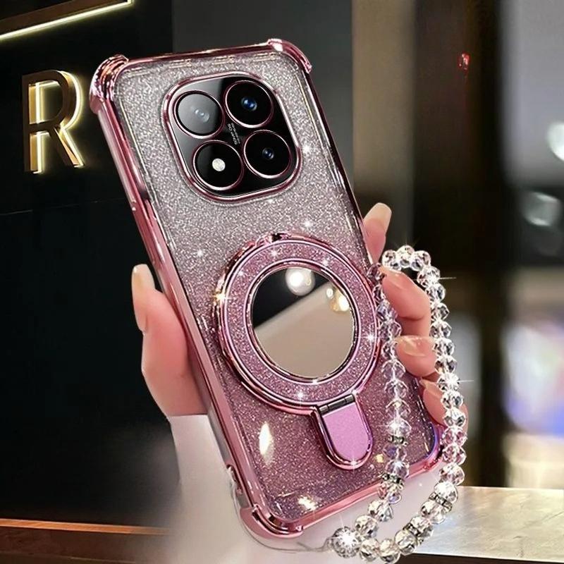 For Xiaomi Redmi Note 14 13 13R 12 11 10 9 9S 8 Pro Plus 4G 5G Case Glitter Plating Mirror Magnetic Phone Holder Bracelet Cover