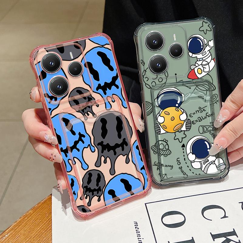 Astronaut Printed Card Slot Clear Phone Case For Xiaomi 14T 13T Pro Poco F6 Pro X6 C65 Redmi Note 13 Pro 12 11 Soft Silicone Shockproof Bumper Cover