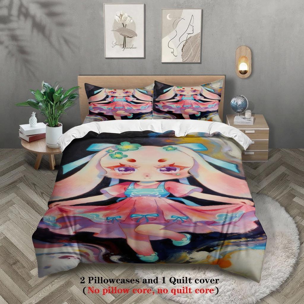 Softville Cozy Town 3PC Bedding Set Lop Rabbit Dancing with a flowing skirt Pint Duvet Cover No filling Cartoon Style Queen Size