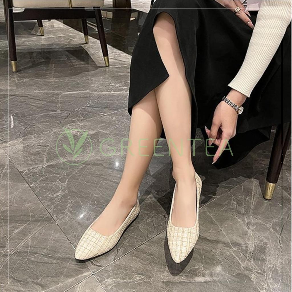 low easy to run easy to walk checkered almond [Green Tea] Pumps, heel, flat, comfortable, in, in, pattern, toe, women's, beige, 39, 24.5cm