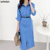 VONDA Elegant Women Casual Turn Down Collar Long Sleeve Long Dress No Belt