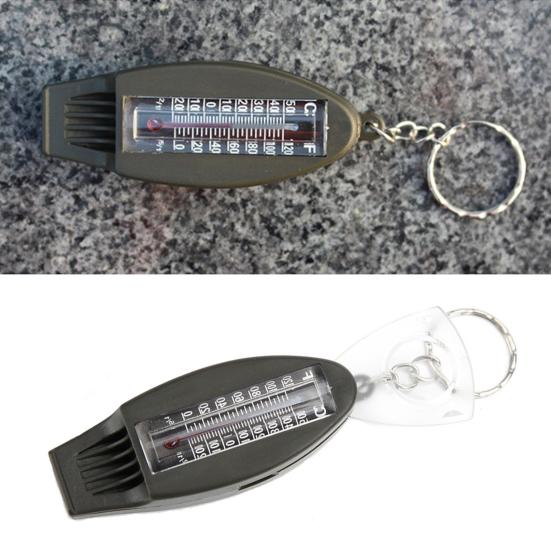 Notfallpfeife Kompass Lupe Thermometer Klarer Klang Schlüsselanhänger Design 4 in 1 Multifunktions-Wanderpfeife Outdoor-Zubehör