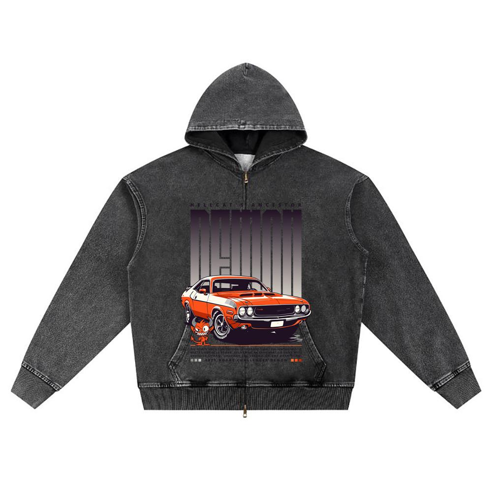 DTG Print Knitted Denim Zip-Up Hoodie Hellcat's Ancestor Brother Print Zipper Hoodies  