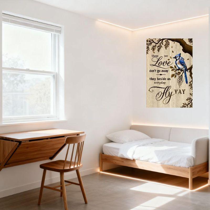 Wooden Planks Background Blue Jay Tree Branch Metal Tin Sign 'Those We Love Don't Go Away' Inspirational Quote Wall Art Decor Fo