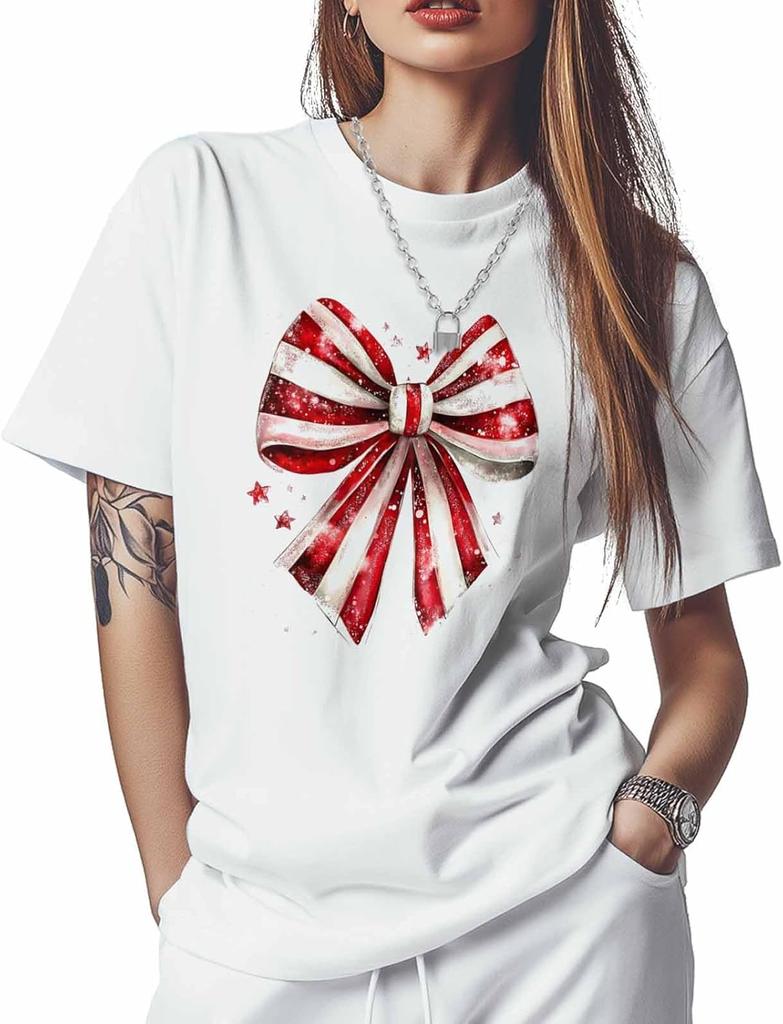 T Shirts for Women Graphic Tees Red Striped Bow Crew Neck Short Sleeve Shirts for Women Star Casual T-Shirt