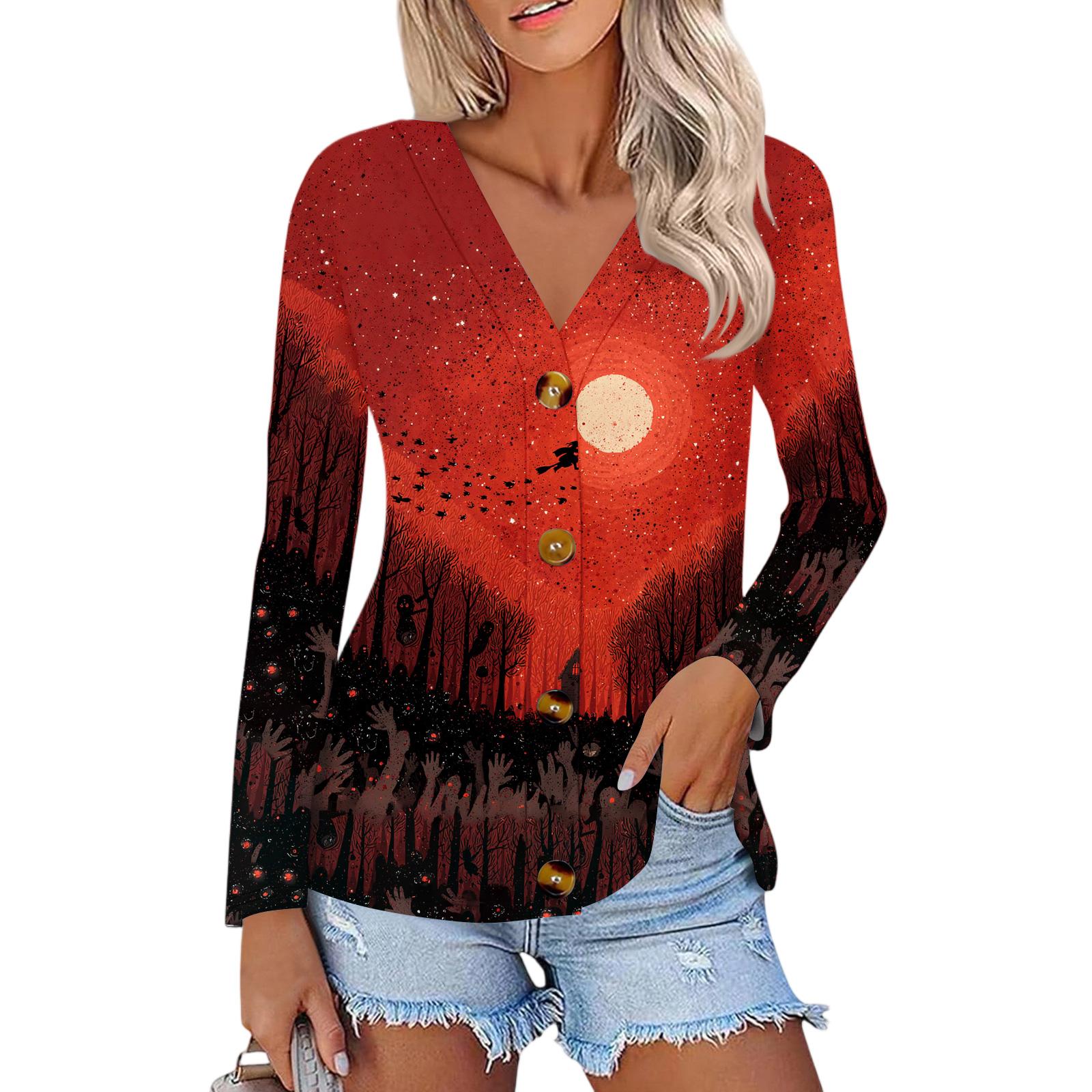 

Женская модная и повседневная рубашка на пуговицах с принтом на Хэллоуин, топ с длинными рукавами XL красный