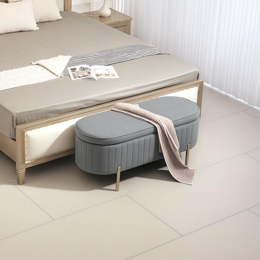 Bench with Flip-Top Lid and Storage Space, Fabric Cover, Wood, Metal, Grey+Gold-colored