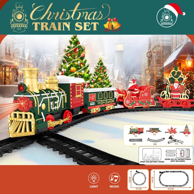 Elektrische Zugstrecke Spielzeugauto Weihnachtsgeschenke Klassische Eisenbahn Lokomotive Waggons Modellspielzeug mit Lichtern Musik für Jungen Mädchen Kinder