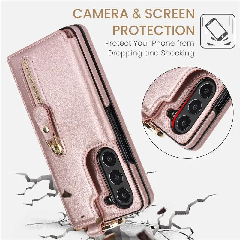 PU Leather Ring Zipper Wallet with Card Holder Phone Case for Samsung Galaxy Z Fold 6 5 4 3 Fold6 Fold5 Fold4 5G Kickstand Cover