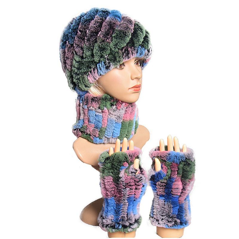 

New autumn and winter women s warm hat scarf gloves three-piece set thickened Rex rabbit hair adult hat QT-132 its hat, scarf and gloves, a set.